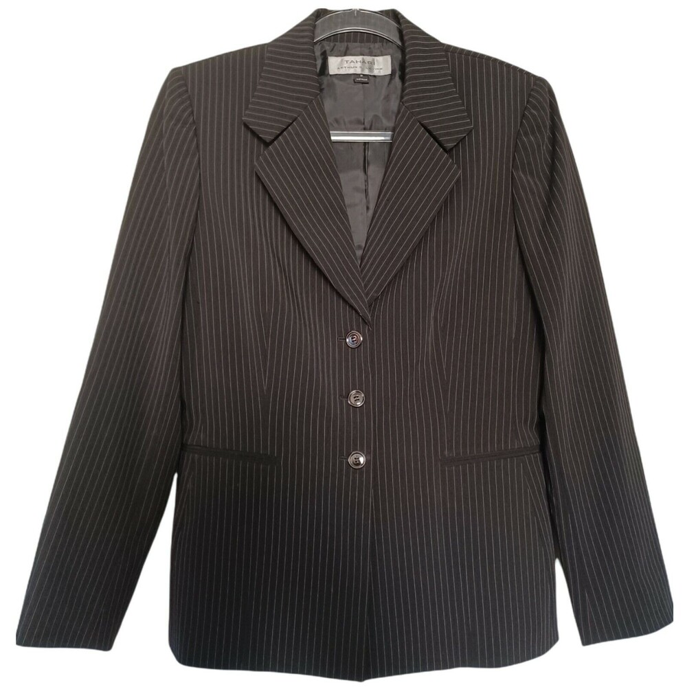 NEW Tahari Blazer Suit Jacket Womens Size 8 M Black Beige Pinstriped 3 Buttons